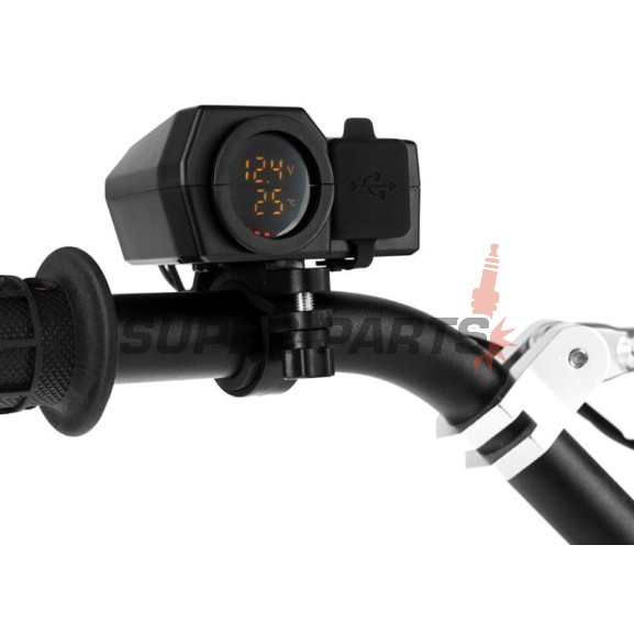 USB адаптер -4 RIDE- 12V, 2xUSB (Type C) + волтметър, с държач за огледало / кормило 22mm - универсален