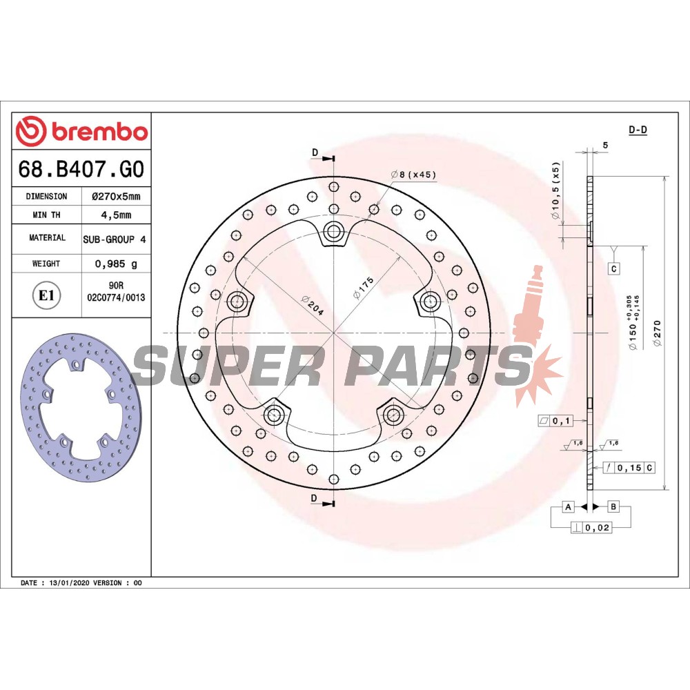 Спирачен диск -BREMBO- 68B407G0, Aprilia RS50, Scarabeo 200 / 400 IE Light, Tuono 50 / 125; BMW C600 Sport / C650GT / C650 Sport, BMW C1 125; FB Mondial Piega 999 / 1000 / Evo; MBK XQ Thunder 125