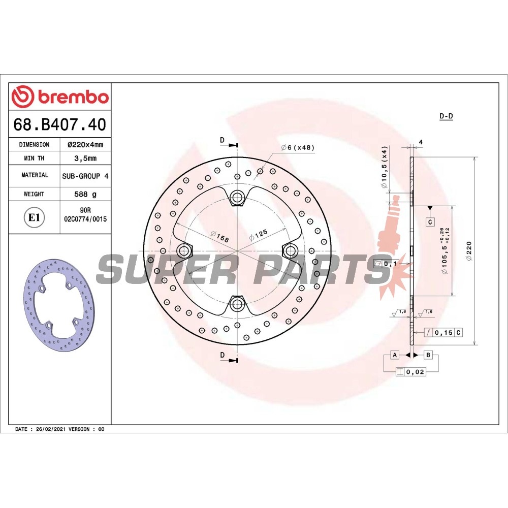 Спирачен диск -BREMBO- 68B40740, Honda CBR 125R, SH / PS scooters, XR 250R / 400R