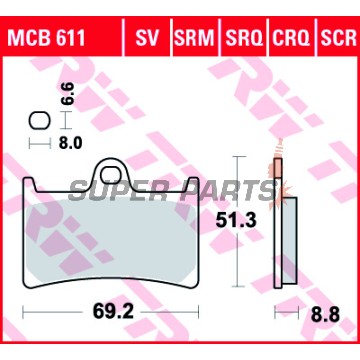 Накладки -TRW- MCB611SCR, състезателни, Yamaha BT Bulldog 1100, FJ-09 900, FJR 1300, FZ1 1000, FZ6 600, FZ8 800, FZS Fazer 600/1000, MT-01/07/09/10, TDM 900, XJR 1300, Tmax 530, XSR 700/900, XT 1200, XV 1700/1900, YZF/R1/R6/R7 600-1000 - 1996-2024