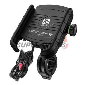 Стойка за телефон -4 RIDE- 62-90mm телефон, с USB 3.0 зарядно, анти-вибрационна, захващане за кормило/огледало - универсална