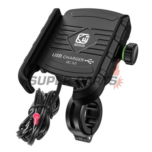 Стойка за телефон -4 RIDE- 62-90mm телефон, с USB 3.0 зарядно, анти-вибрационна, захващане за кормило/огледало - универсална