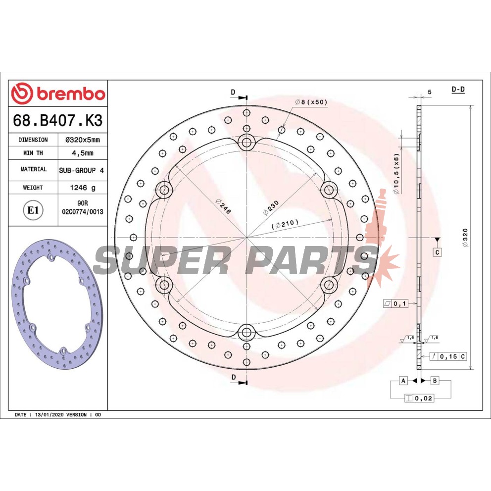 Спирачен диск -BREMBO- 68B407K3, Honda CB500 / CBF500, CB500F / CB500X / CB650F, CBR500R / CBR650F