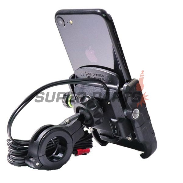 Стойка за телефон -4 RIDE- 62-90mm телефон, с USB 3.0 зарядно, анти-вибрационна, захващане за кормило/огледало - универсална