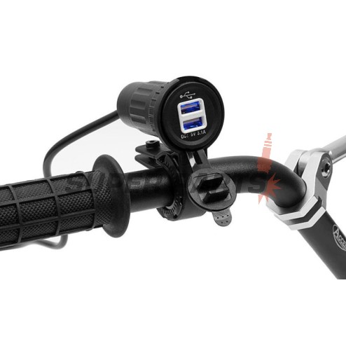 USB адаптер -4 RIDE- 12V, 2xUSB (3.1A), 2 пина, с държач за кормило 22mm - универсален