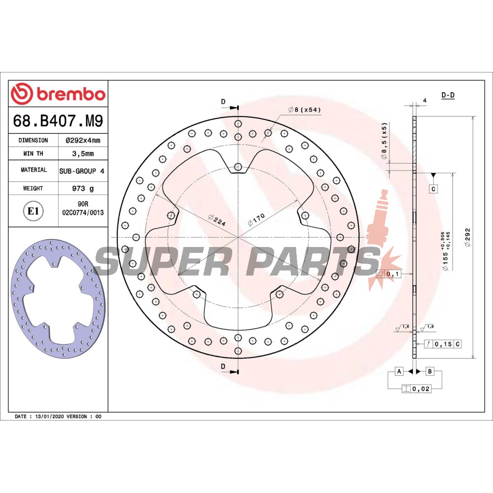 Спирачен диск -BREMBO- 68B407M9, Yamaha YZF-R125 125 (2008-2013)