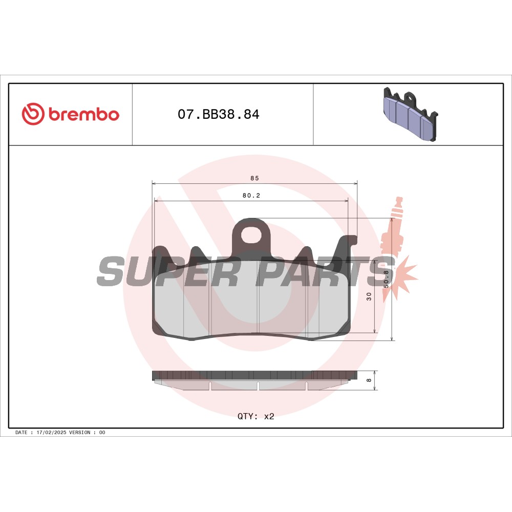 Накладки -BREMBO- 07BB3884, BMW G310 / Ducati 939-1262 / Triumph Tiger 1215
