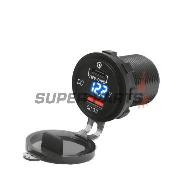 Адаптер, запалка за цигари -4 RIDE- 12V, 3.6A, USB 3.0 + PD (Power Delivery - type C), волтметър, 2 пина - универсален