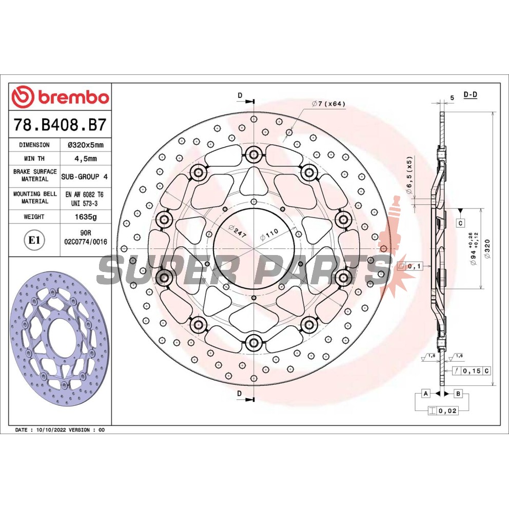 Спирачен диск -BREMBO- 78B408B7, Honda CBR1000RR Fireblade (2017)
