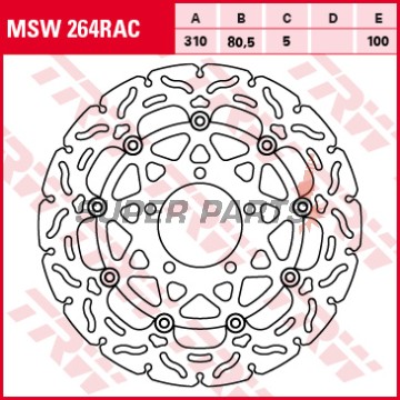 Спирачен диск -TRW- MSW264RAC, 310mm, Kawasaki GTR1400 / Concours 14 (2007-2017), Z1000R ABS (2017-2018), ZX-10R Ninja 1000 (2008-2019), ZZR1400 / ZX-14 (2006-2013)