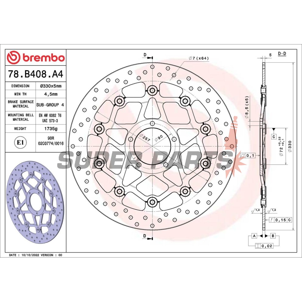 Спирачен диск -BREMBO- 78B408A4, Ducati Monster 1200S / 1200R, Ducati Multistrada 1200S / 1260S / Enduro / Pikes Peak / D-Air (2014-2022)