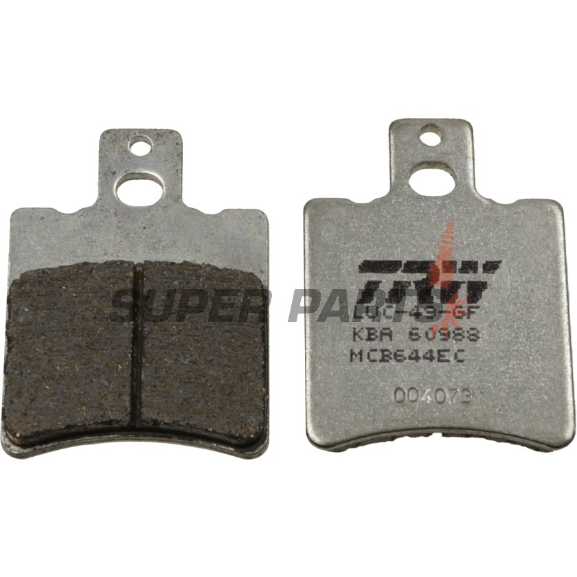 Накладки -TRW- MCB644EC, Aprilia AF1 (1987-1991), RS/SR/Rally (1993-2006), Tuono/SX (2004-2007); Cagiva Aletta/Elefant/Dakar (1981-2000); KTM SX 60/65 (2000-2003); MBK Booster/Nitro/Ovetto (1994-2006); Yamaha Breeze (1995-2012); Piaggio DNA/GTX/Hexagon (1