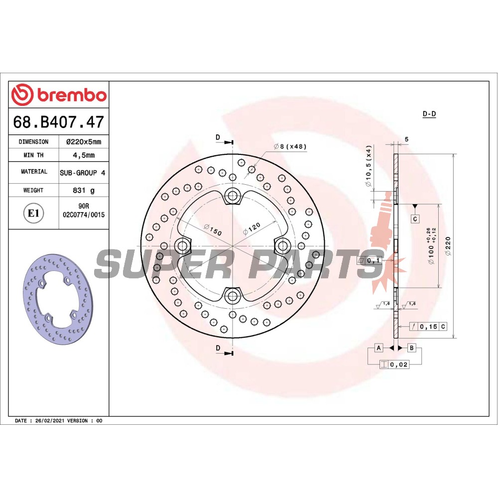 Спирачен диск -BREMBO- 68B40747, Kawasaki ER-6F / ER-6N 650, Versys 650, Z750 / Z1000, ZX-6R / ZX-6RR Ninja 600, ZX-9R Ninja 900, ZX-10R Ninja 1000
