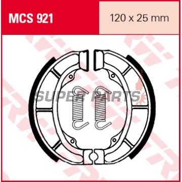 Накладки (челюст) -TRW- MCS921, 120x25mm, Derbi/Italjet/PGO scooter 50-125 1994-2004; Suzuki Address/Katana/LT/LT-F/Zillion 50-160 1985-2003; Atala/Garelli/Piaggio/Puch 50-150 1986-2002