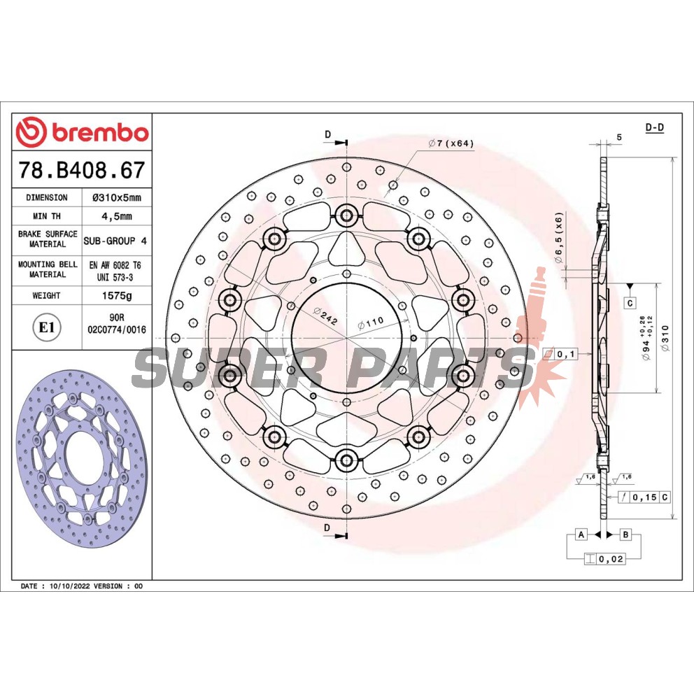 Спирачен диск -BREMBO- 78B40867, Honda CB 1300F / 1300A (2003-2010), CBR 600RR / ABS (2003-2012), CBR 1000RR Fireblade / ABS (2004-2010)