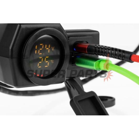 USB адаптер -4 RIDE- 12V, 2xUSB (Type C) + волтметър, с държач за огледало / кормило 22mm - универсален