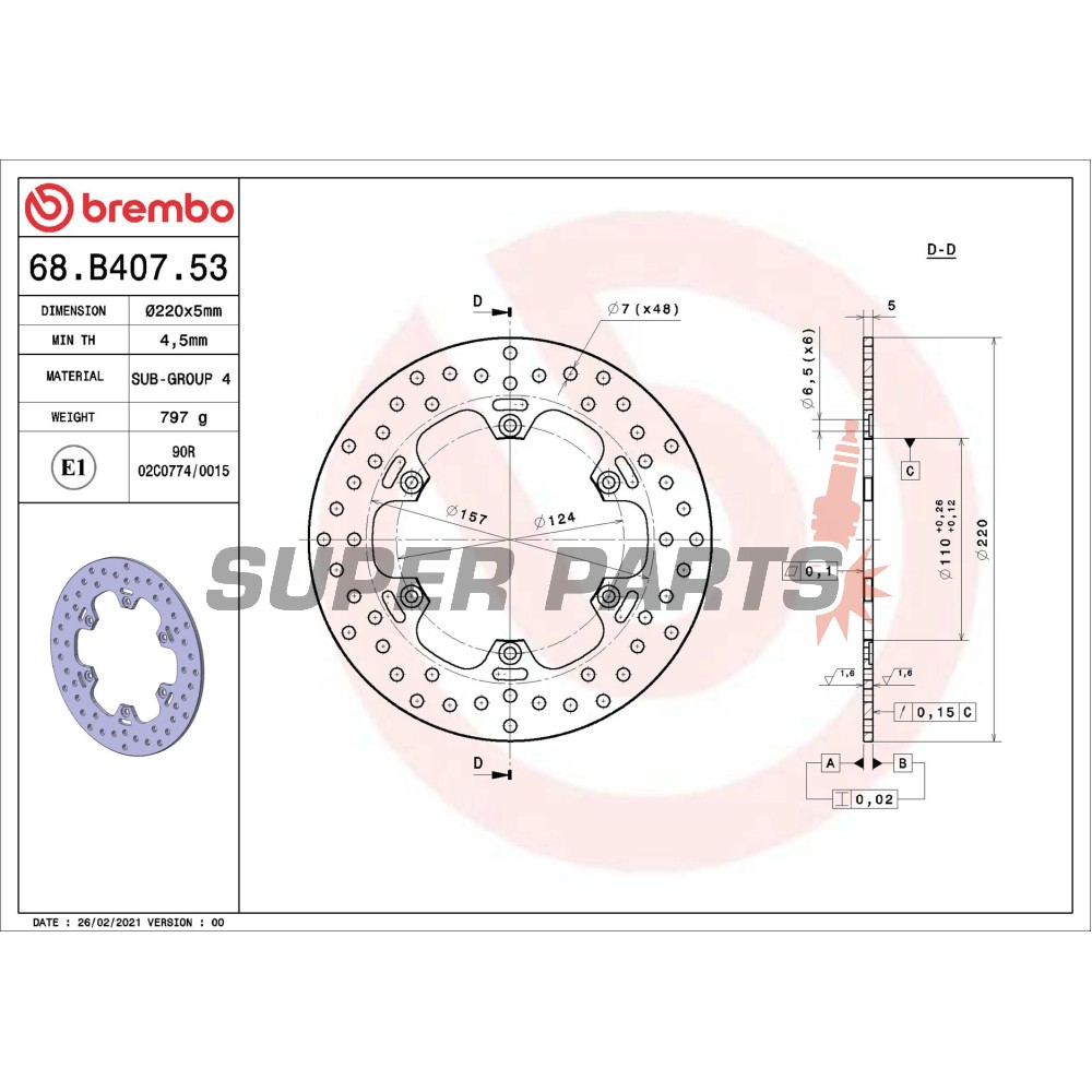 Спирачен диск -BREMBO- 68B40753, Aprilia MX 125 (2004-2007), Pegaso 600/650 (1989-2002), RS 125 (Extrema / Replica / Tuono, 1992-2012).