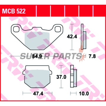 Накладки -TRW- MCB522, Adly Cat/G-Shock/Super Sonic/Thunderbike 50-125, Aprilia RS4 125, SX 50, Honda MB/MCX 80, Kawasaki AR/KD/KDX/KMX/KSR/KX 50-250, KTM SX 60/65, Peugeot Speedfight/Buxy/Trekker/Vivacity 50-100, Suzuki AH Address, RM 80X