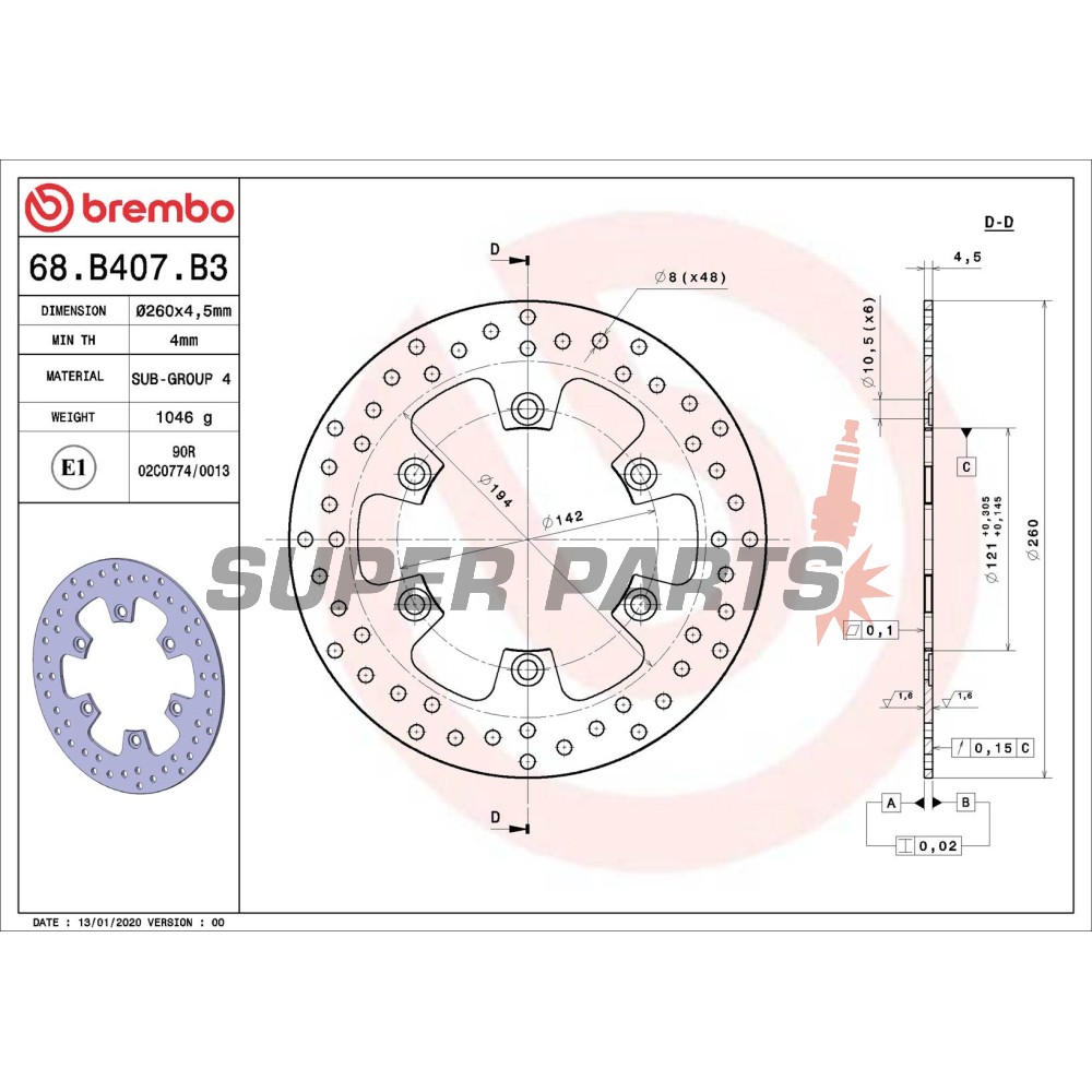 Спирачен диск -BREMBO- 68B407B3, Suzuki AN Burgman 250-400 (1998-2002)