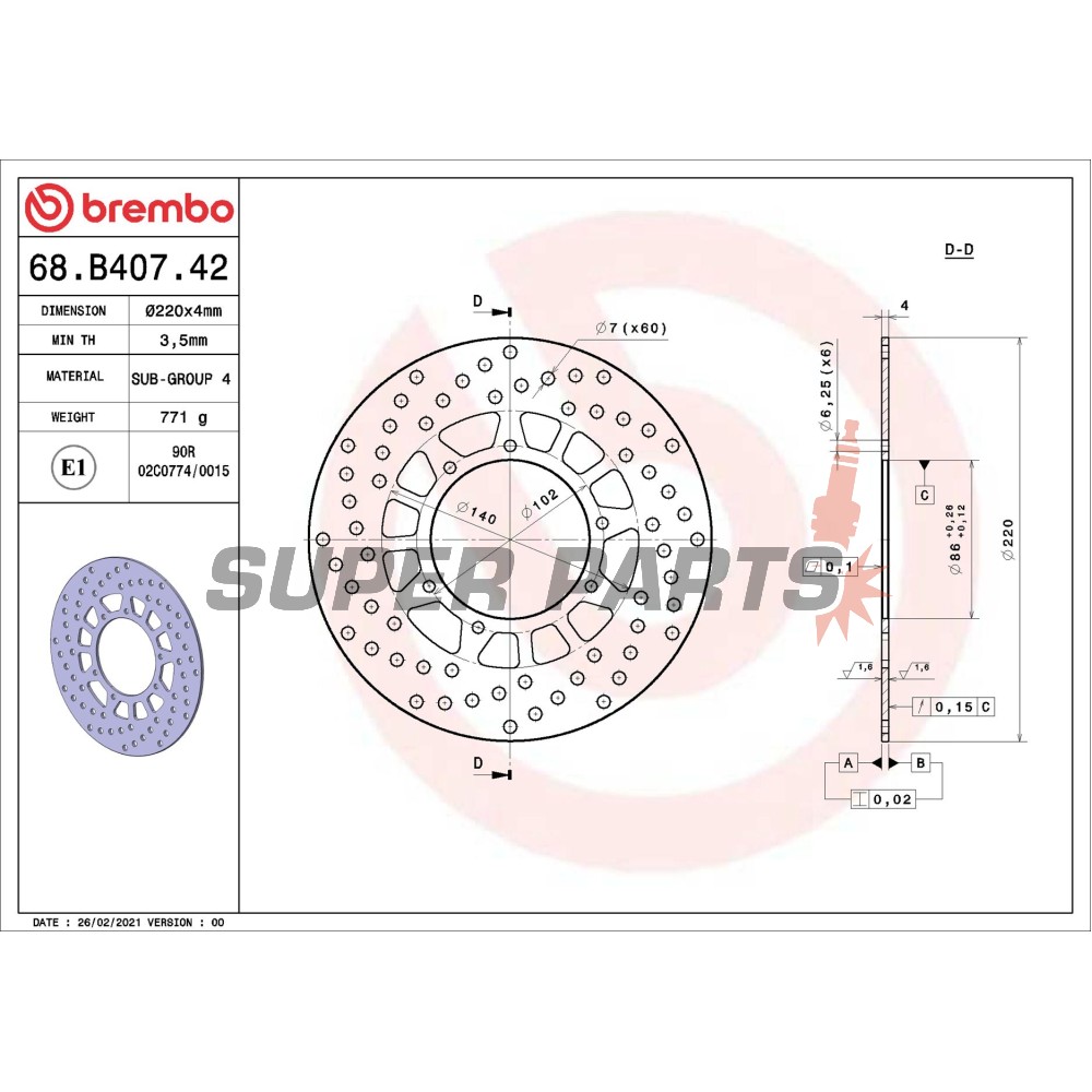 Спирачен диск -BREMBO- 68B40742, Yamaha XT 600E / 600Z Tenere, XTZ 660 Tenere (1986-2003)
