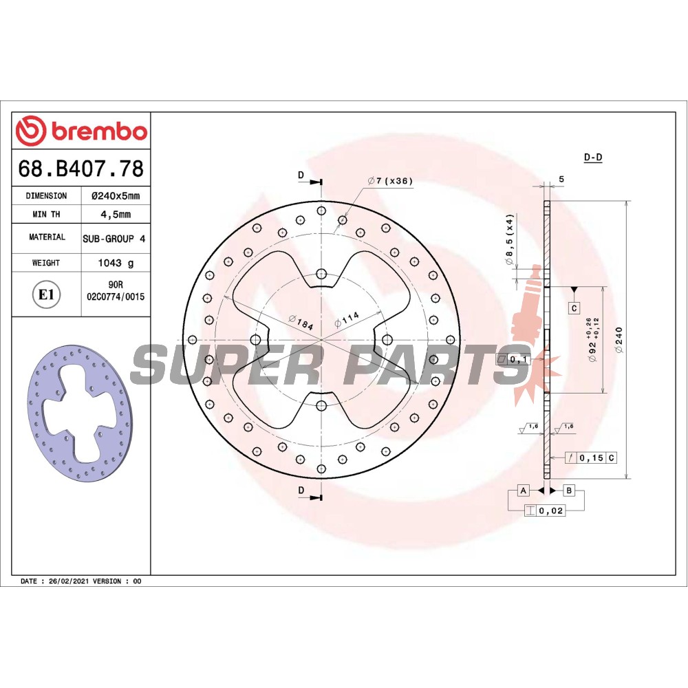 Спирачен диск -BREMBO- 68B40778, MBK Kilibre 300, Skycruiser 125; Yamaha X-City 125 / 250, Versity 300, X-Max 125 / 250