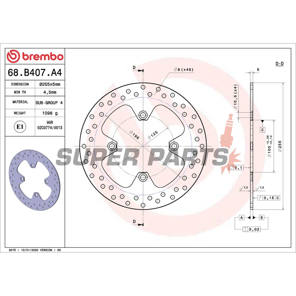 Спирачен диск -BREMBO- 68B407A4, Triumph Sprint / Tiger 955-1050 (1999-2008)