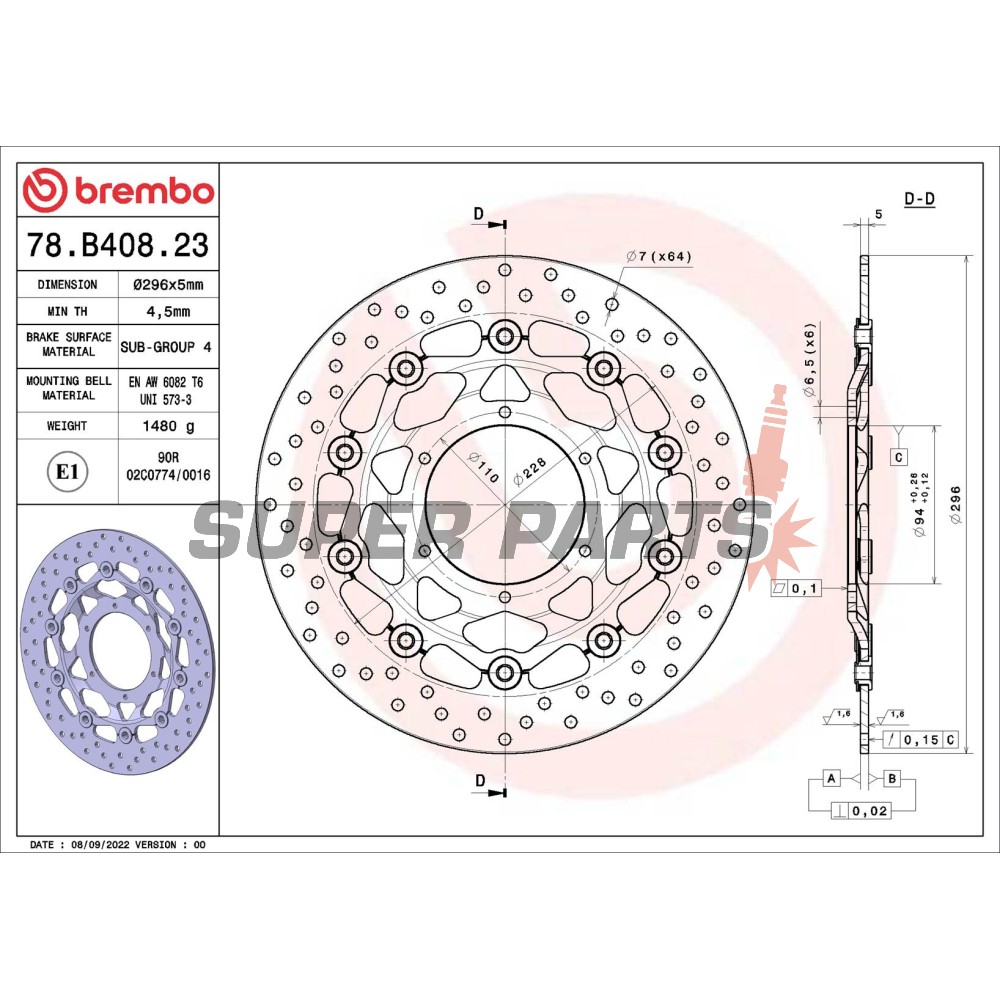 Спирачен диск -BREMBO- 78B40823, Honda CBR600F, CBR600FS Sport, CBR600FA ABS (1999-2012)