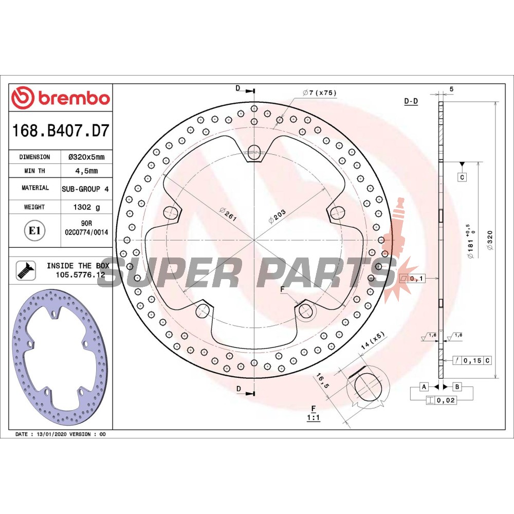 Спирачен диск -BREMBO- 68B407D7, BMW F 800, HP2 1200, K 1200-1300, R 850-1200 (2001-2013)