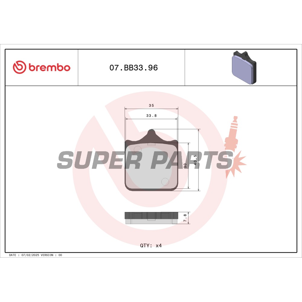 Накладки -BREMBO- 07BB3396, Aprilia RSV Mille / RSV1000R, Benelli TnT / Tornado, BMW S1000RR / S1000R