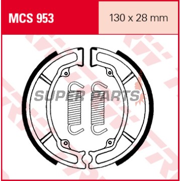 Накладки (челюст) -TRW- MCS953, 130x28mm, Aprilia Scarabeo 100 (2000), MBK Ovetto/Nitro 100 (2000-2003), Peugeot Tweet 125/150 (2010), Sachs Roadster 125 (2000-2003), Yamaha BW’s/Ovetto/Aerox 100 (1999-2003), DT 80 (1981-1997), RD 125 (1982-1984), SR/XV