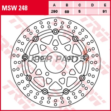 Спирачен диск -TRW- MSW248, 290mm, Suzuki GSF 650/650S/650A Bandit (2005-2006) / GSX 750F (2003-2006) / M 1500 Intruder (2009-2012) / SV 650/650S (2003-2009) / VLR 1800R/1800RT Intruder (2008-2013) / VZ 1500 Intruder (2009-2013)