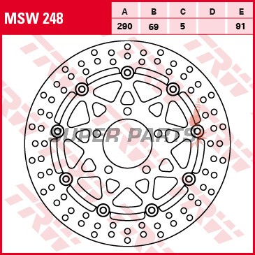 Спирачен диск -TRW- MSW248, 290mm, Suzuki GSF 650/650S/650A Bandit (2005-2006) / GSX 750F (2003-2006) / M 1500 Intruder (2009-2012) / SV 650/650S (2003-2009) / VLR 1800R/1800RT Intruder (2008-2013) / VZ 1500 Intruder (2009-2013)