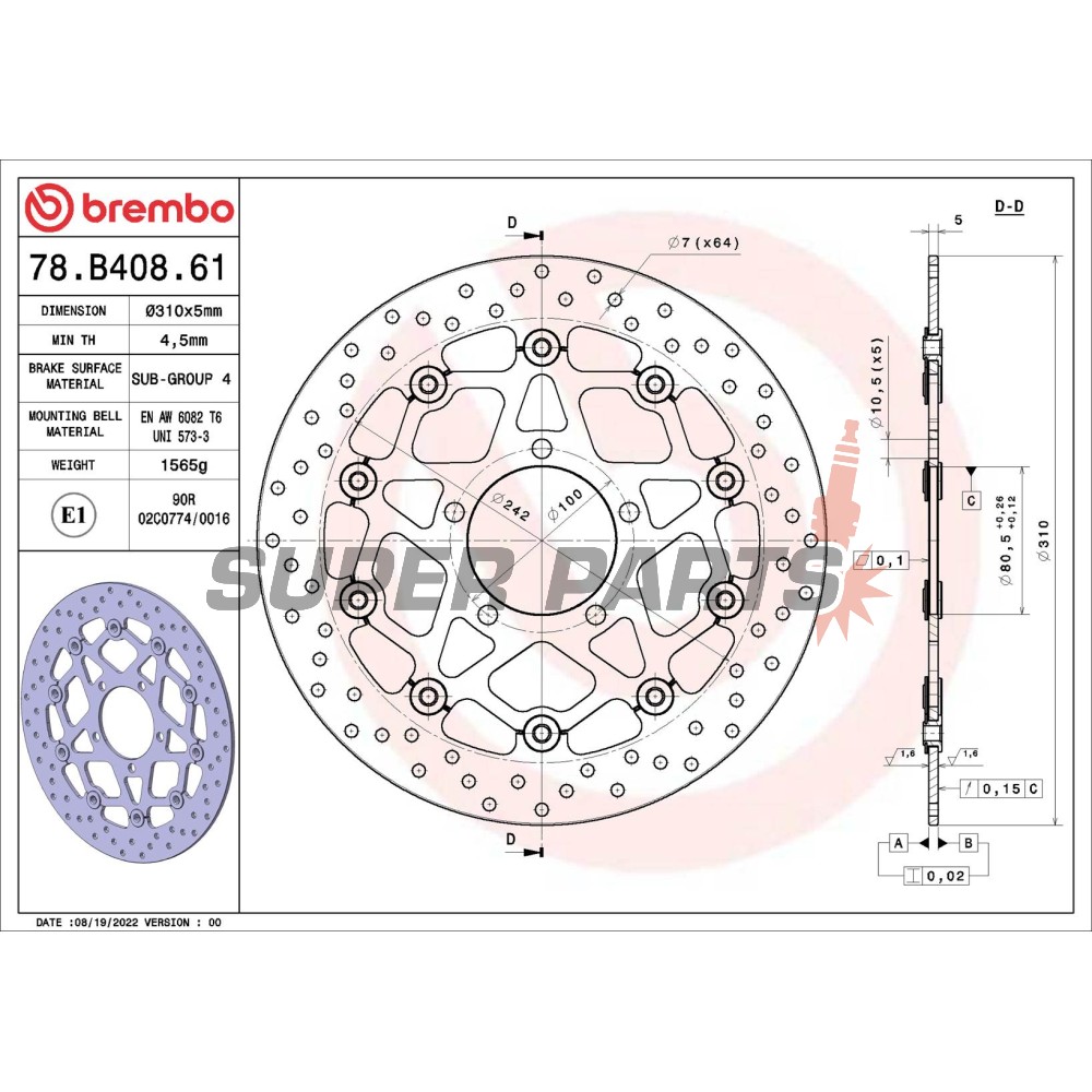 Спирачен диск -BREMBO- 78B40861, Kawasaki GPZ 305, GTR 1400, Z1000R, ZX-10R, ZZR 1400 (1990-2019)