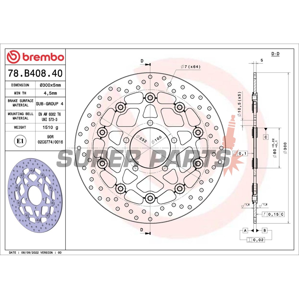 Спирачен диск -BREMBO- 78B40840, Kawasaki ER-6, Versys, Z750 / Z1000, ZX-6R / ZX-10R (2004-2011)