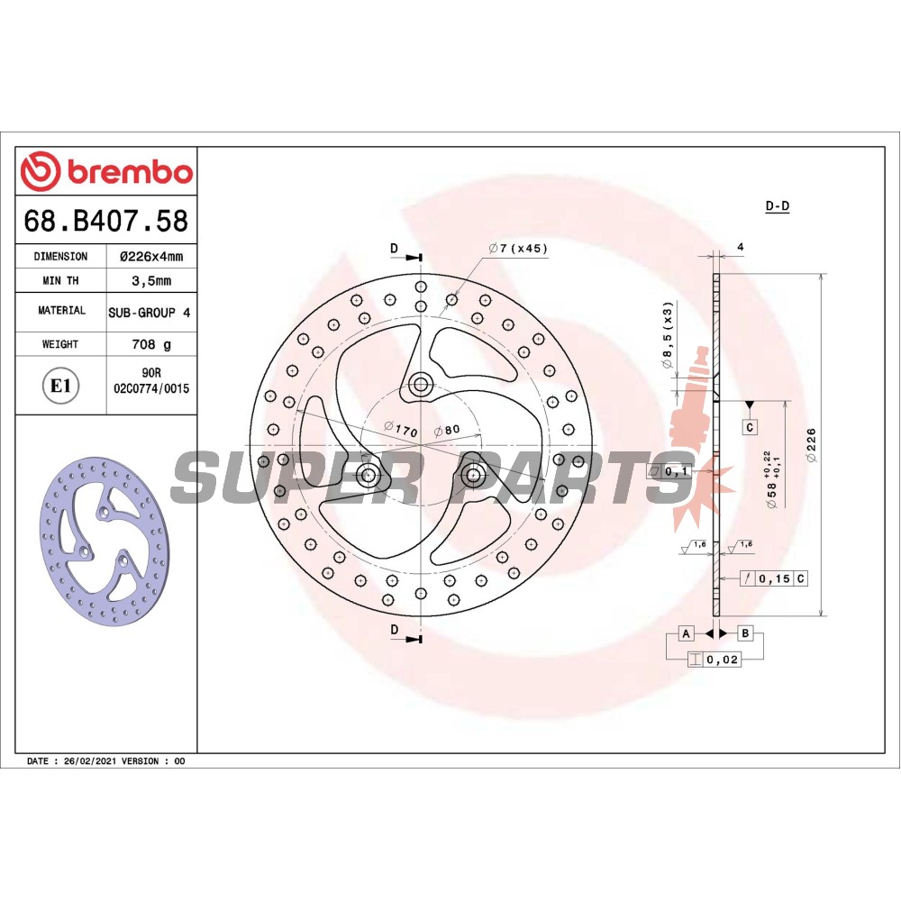 Спирачен диск -BREMBO- 68B40758, Peugeot Elyseo 100/125/150, Elystar 125/150, Jet Force 125 (2003-2006)