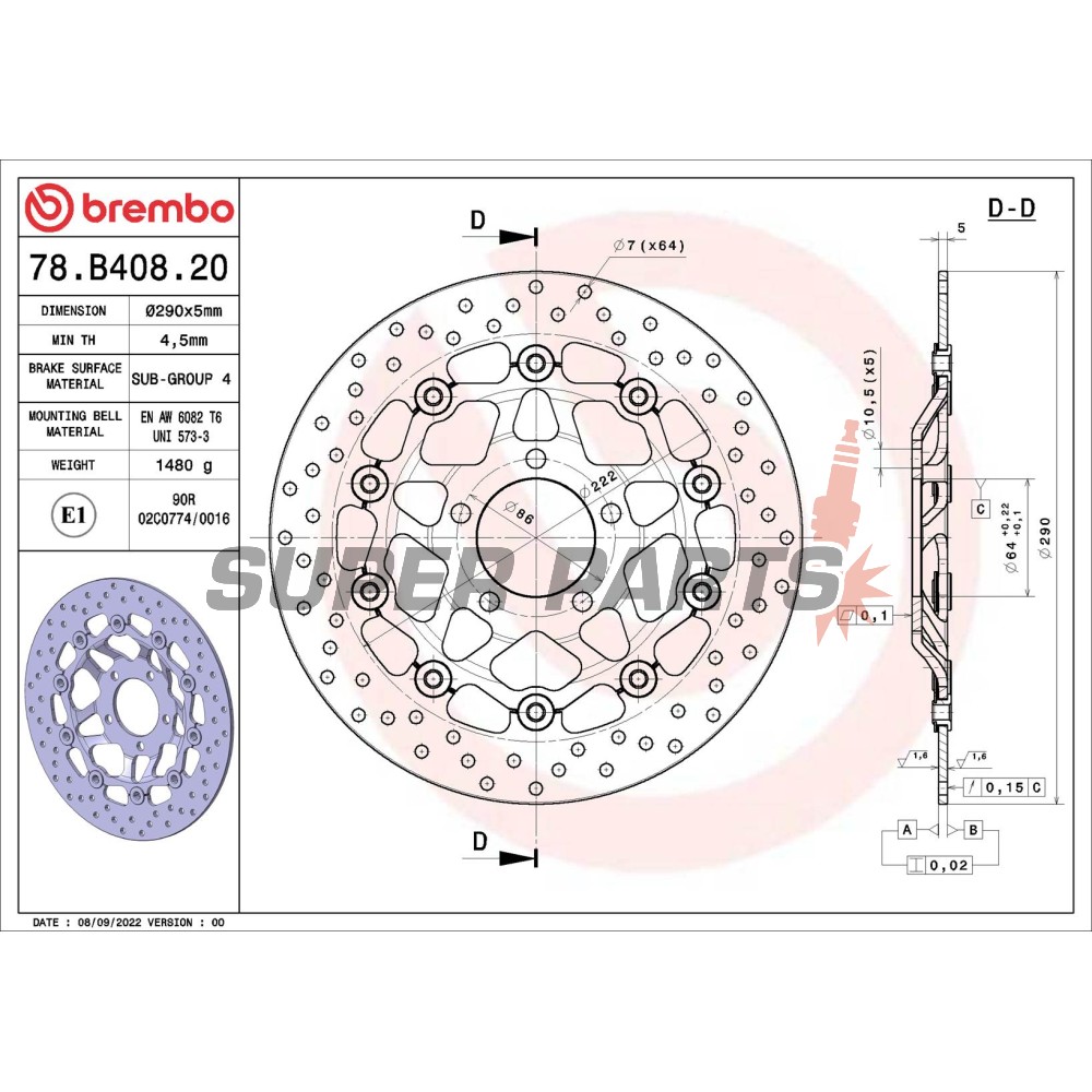 Спирачен диск -BREMBO- 78B40820, Suzuki Bandit 600, GSX 600/750F, RF600, SV650 (1989-2004)