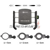 Стойка за телефон -4 RIDE- 62-90mm телефон, с USB 3.0 зарядно, анти-вибрационна, захващане за кормило/огледало - универсална