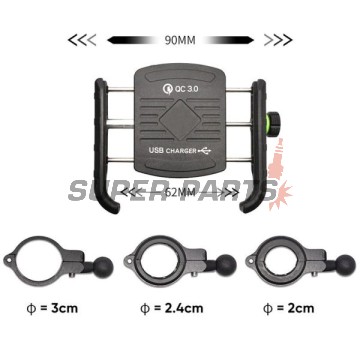 Стойка за телефон -4 RIDE- 62-90mm телефон, с USB 3.0 зарядно, анти-вибрационна, захващане за кормило/огледало - универсална