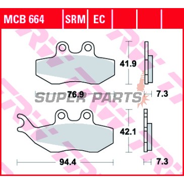 Накладки -TRW- MCB664, Aprilia ETX125, MX50, Pegaso50/125, RS50, RX50/125, Gilera DNA50/125/180, Runner125/180, Malaguti Madison125, Piaggio GT125/250, Hexagon125, Skipper125, Sachs ZX50/125, ZZ125, Rieju RS1 50Evo