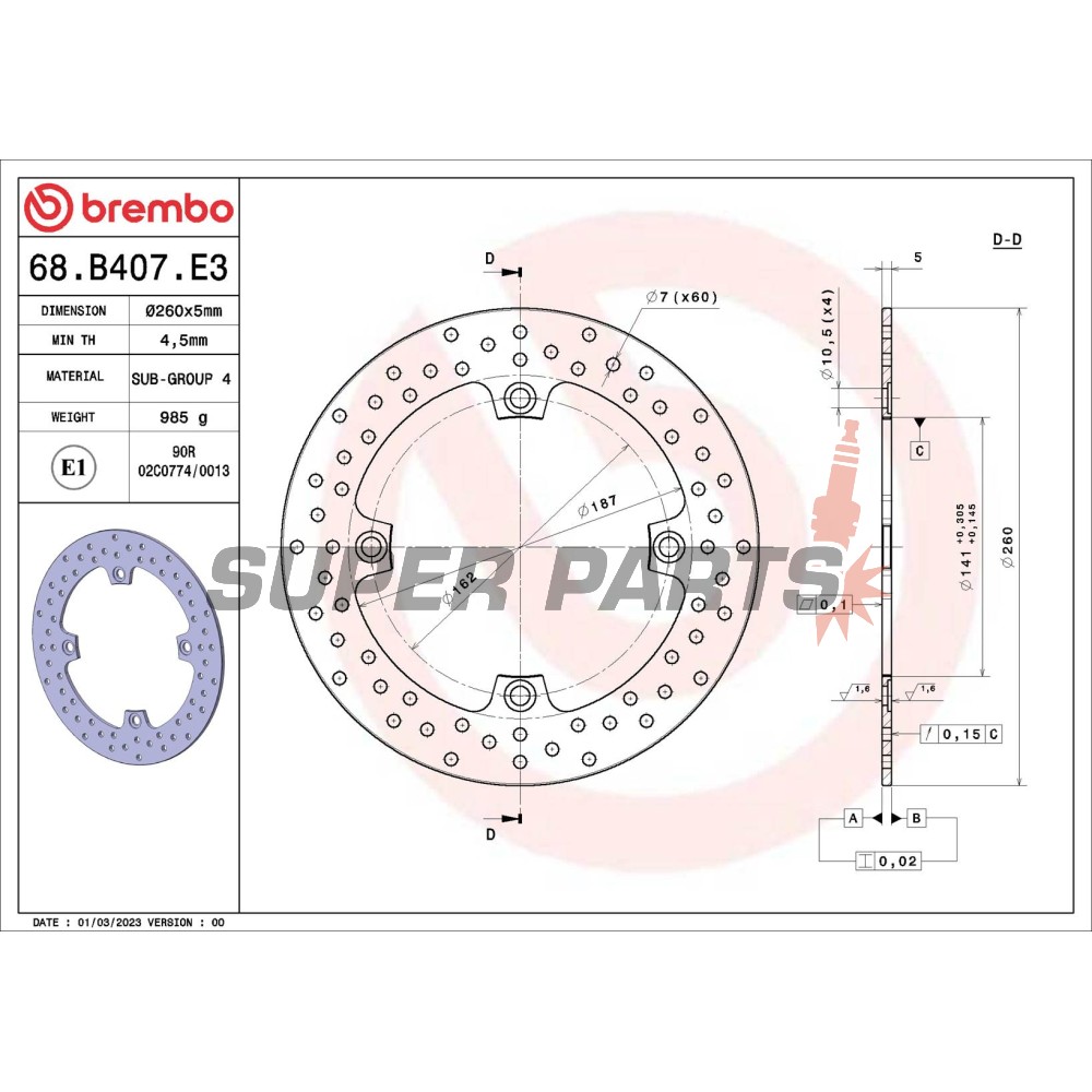 Спирачен диск -BREMBO- 68B407E3, Kawasaki KLV 1000 (2004-2006)Suzuki DL (V-Strom) 650-1000 (2004-2021)