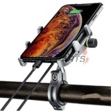 Стойка за телефон -4 RIDE- 62-90mm телефон, с USB 3.0 зарядно, анти-вибрационна, захващане за кормило/огледало, хром - универсална