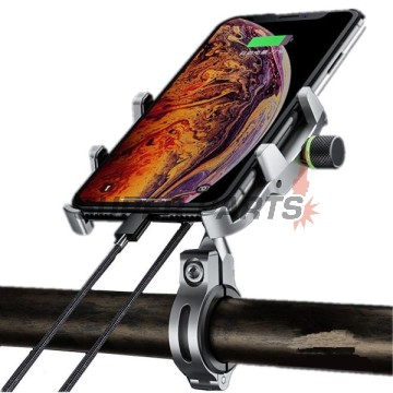 Стойка за телефон -4 RIDE- 62-90mm телефон, с USB 3.0 зарядно, анти-вибрационна, захващане за кормило/огледало, хром - универсална