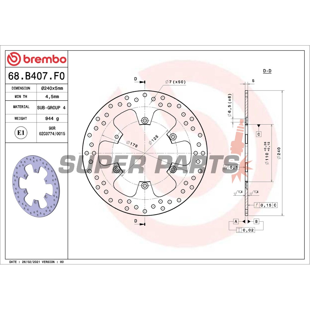 Спирачен диск -BREMBO- 68B407F0, KTM Adventure 950 (2003-2005) / Duke 690 (2008-2011) / SM 690-990 (2007-2011) / Super Enduro 950 (2006-2008) / Supermoto 990 (2009)