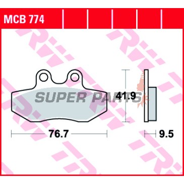 Накладки -TRW- MCB774, Gilera Runner 125FX/180FXR/180VXR/200VXR (1999-2005), MBK XC 125 Flamex(2005), Peugeot Elyseo 125 (2003), Piaggio Beverly 125/125GT (2002-2005), Yamaha Cygnusx125 (2004-2009)