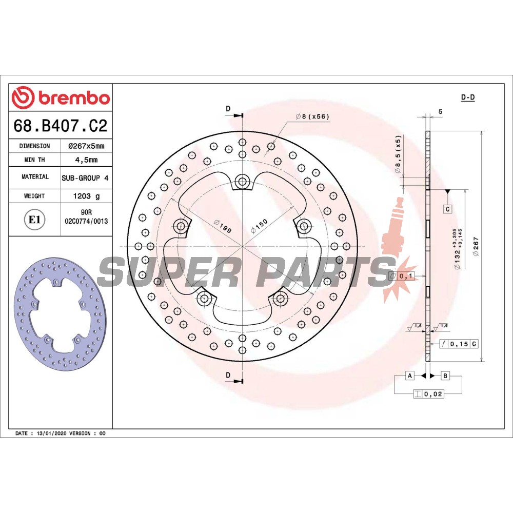 Спирачен диск -BREMBO- 68B407C2, Yamaha FZ8 / XP (Tmax) / YP (X-Max / Majesty) 125-800 (2001-2023)