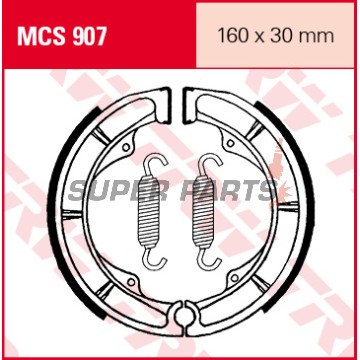 Накладки (челюст) -TRW- MCS907, 160x30mm, Suzuki DR 750S Big (1988), GN 250 (1983-1997), GR 650X (1985-1989), GS 450E (1988), LS 650 Savage / 650F / 650P (1986-2000), LT-A 400F Eiger 2x4 Automatic / Eiger (2002-2007), LT-F 400 Eiger 2x4 / 400F Eiger 4x4