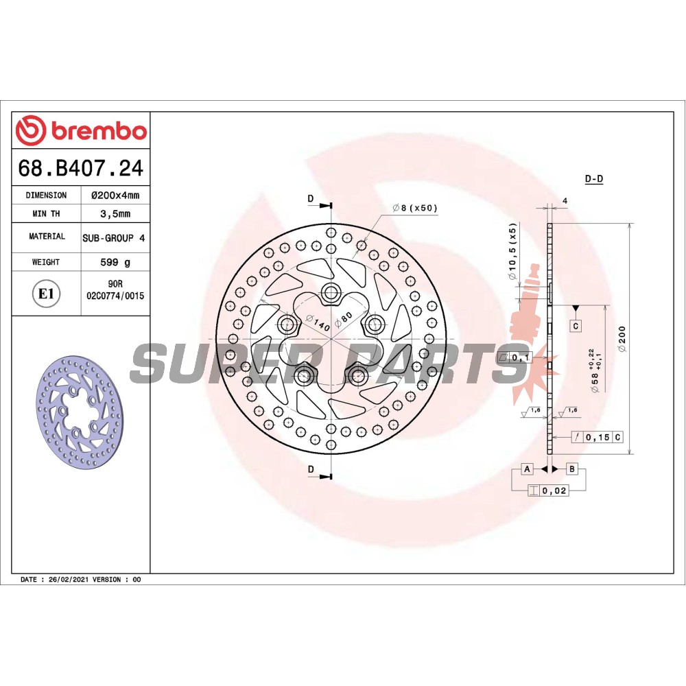 Спирачен диск -BREMBO- 68B40724, Kymco Grand Dink 250, Kymco Yup 250 (2001-2005)
