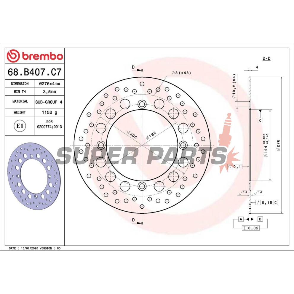 Спирачен диск -BREMBO- 68B407C7, Honda XRV (Africa Twin) 650-750 (1990-2002)