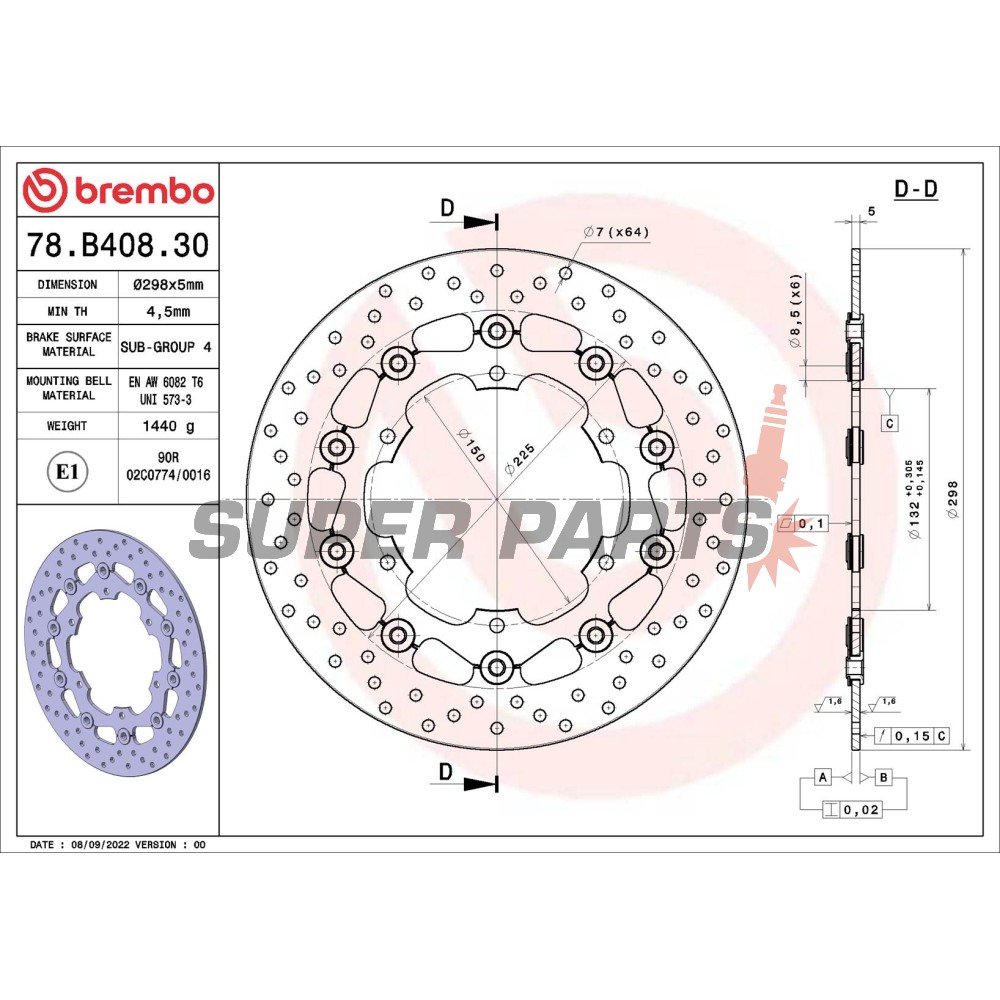 Спирачен диск -BREMBO- 78B40830, Yamaha BT Bulldog 1100, FJR1300, FZS1000 Fazer, TDM900 / ABS, XJ600N, XJR1300 / SP, XV535 Virago & XV1700 Road Star Warrior, XVS1100 Drag Star / Classic, YZF600R Thunder Cat, YZF1000R Thunder Ace, YZF-R1 1000, YZF-R6 6