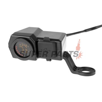 USB адаптер -4 RIDE- 12V, 2xUSB (Type C) + волтметър, с държач за огледало / кормило 22mm - универсален